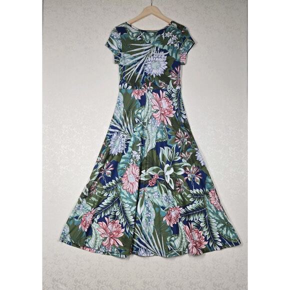 Chaps Maxi Dress sz M Green Blue Multi Floral 100% Cotton Knit V Neck Tropical - Picture 6 of 12